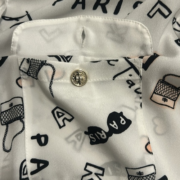 Karl Lagerfeld French Streets Roll Sleeve Button Down Blouse White & Black Sz M - Picture 17 of 17